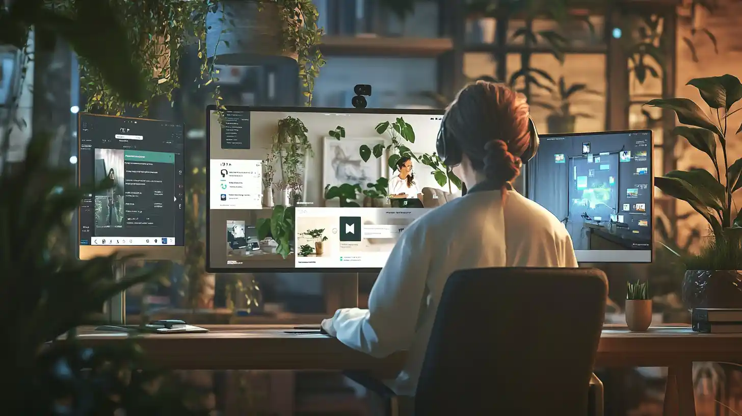 Image montrant des coachs et thérapeutes interagissant avec des clients via des plateformes digitales, mettant en avant les services de Deviens Numérique pour ces professionnels."
