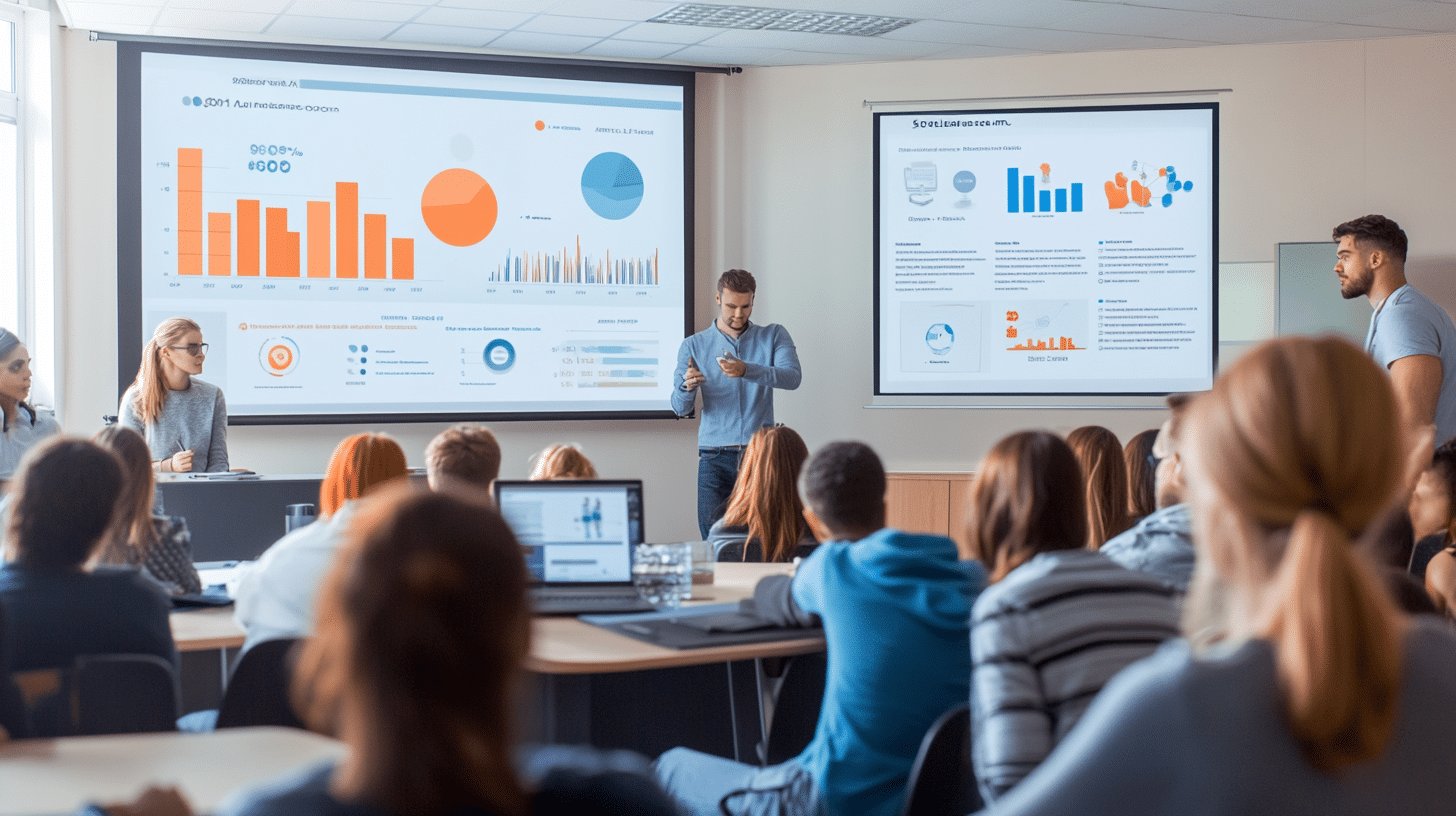 Infographie représentant les compétences couvertes par Deviens Numérique, incluant SEO, SEA, SMA, création de contenu, webdesign, et outils numériques.
