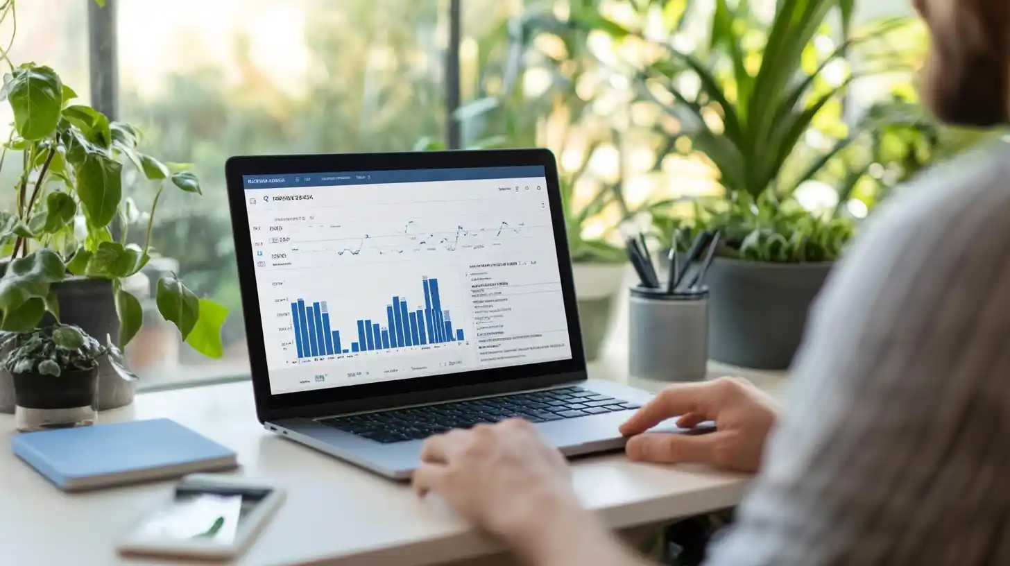 Marketeur digital analysant les performances SEO et SEA sur un ordinateur portable dans un bureau moderne
