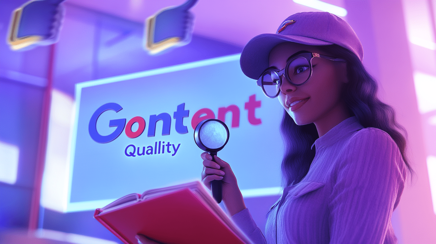 Coach détective examinant un livre "Qualité de contenu" avec un logo Google flottant et des icônes de pertinence.