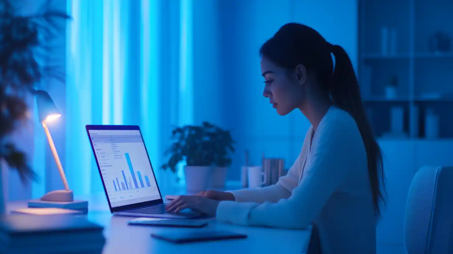 Coach de vie travaillant sur des stratégies SEO et de gestion des réseaux sociaux dans un bureau lumineux, avec des graphiques de performance marketing sur son ordinateur