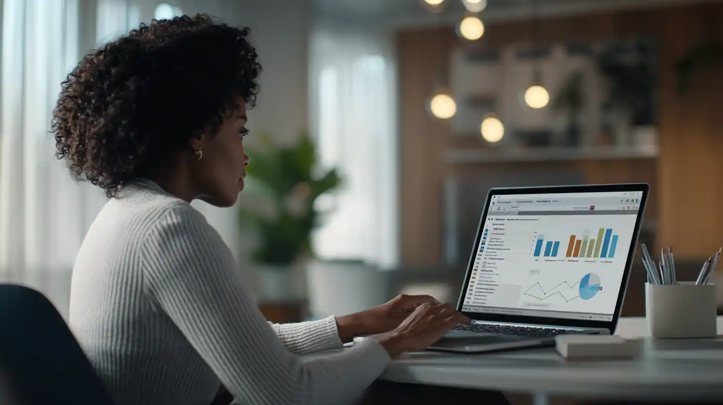 Coach de vie analysant des données Google Ads sur un laptop dans un bureau moderne, préparant une campagne publicitaire