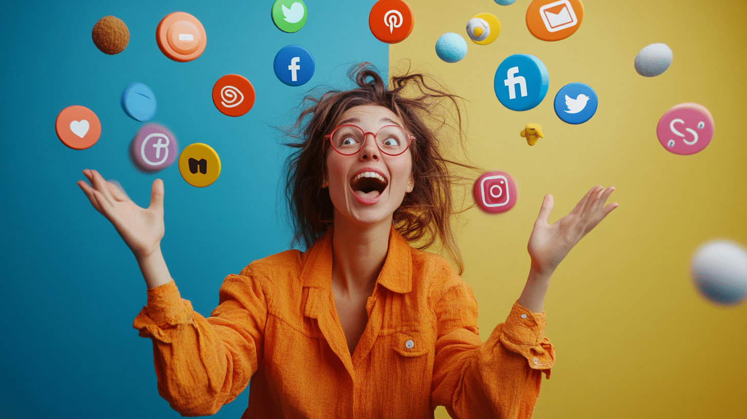 Une coach jonglant avec des icônes de réseaux sociaux pour illustrer la gestion des plateformes Facebook et Instagram de façon ludique et engageante.