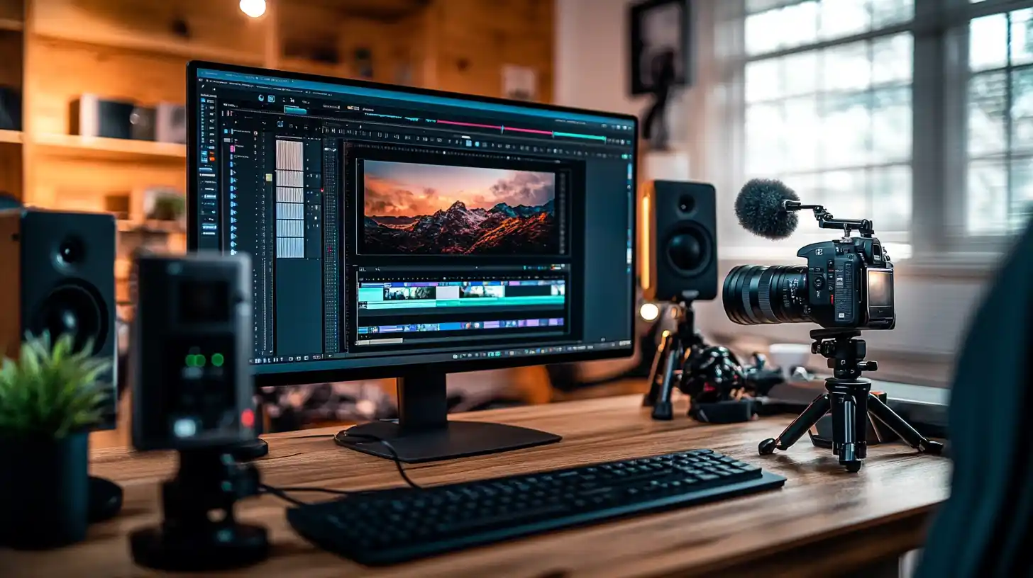 Créateur de contenu utilisant un logiciel de montage vidéo dans un bureau moderne avec un équipement multimédia