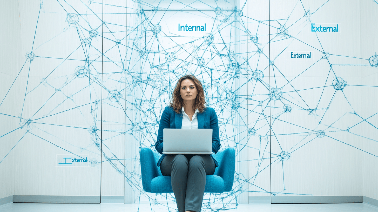 Coach travaillant sur un réseau de liens représenté par des cordes connectées à des portes, illustrant les liens internes et externes.

