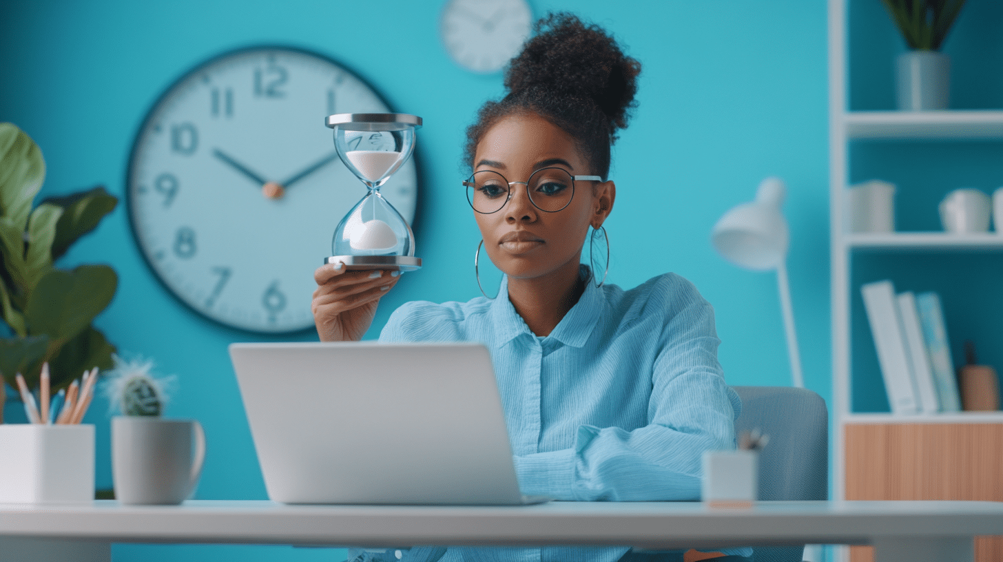 Coach observant un sablier et une barre de chargement sur un ordinateur portable, symbolisant l'optimisation de la vitesse du site.