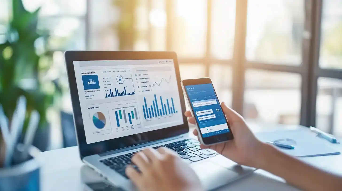 Marketeur digital utilisant divers outils de gestion de campagnes et d'analytics dans un bureau moderne