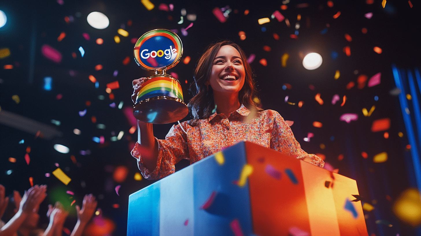 Une thérapeute dans son cabinet optimisant sa visibilité en ligne avec un profil Google My Business, symbolisé par un peintre appliquant le logo Google sur son visage