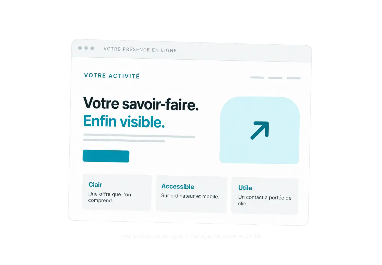 Maquette d’un site professionnel : offre claire, navigation simple et accès au contact.